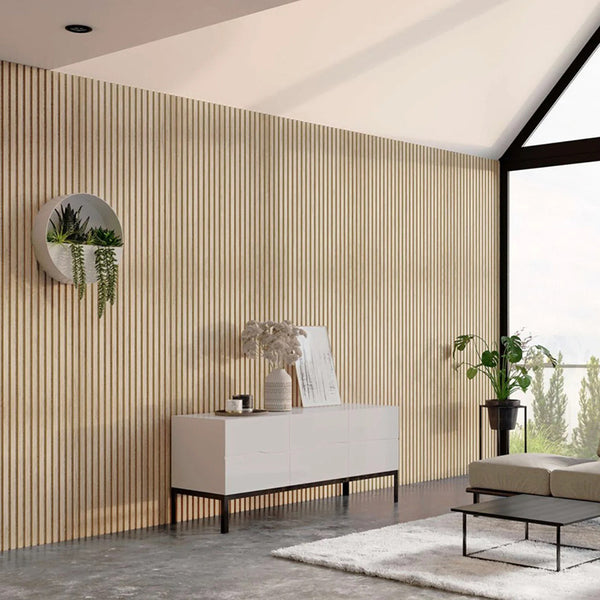 WOODFLEX Flexible Acoustic Wood Slat Wall Panel, Oak Veneer on Light G ...